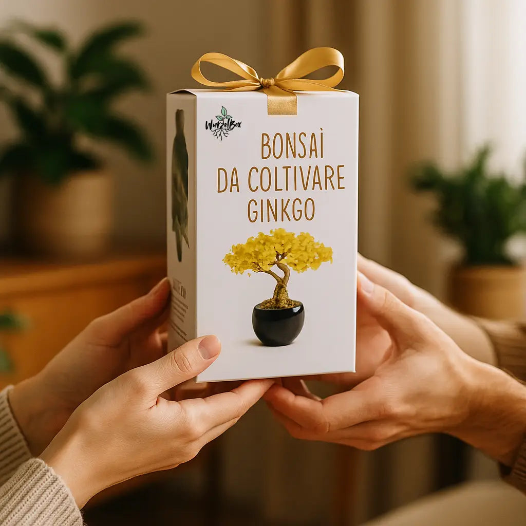 Bonsai Starter Set Ginkgo als Geschenk – Wurzelbox Bonsai Anzuchtset für Anfänger, dekorativ verpackt mit Schleife
