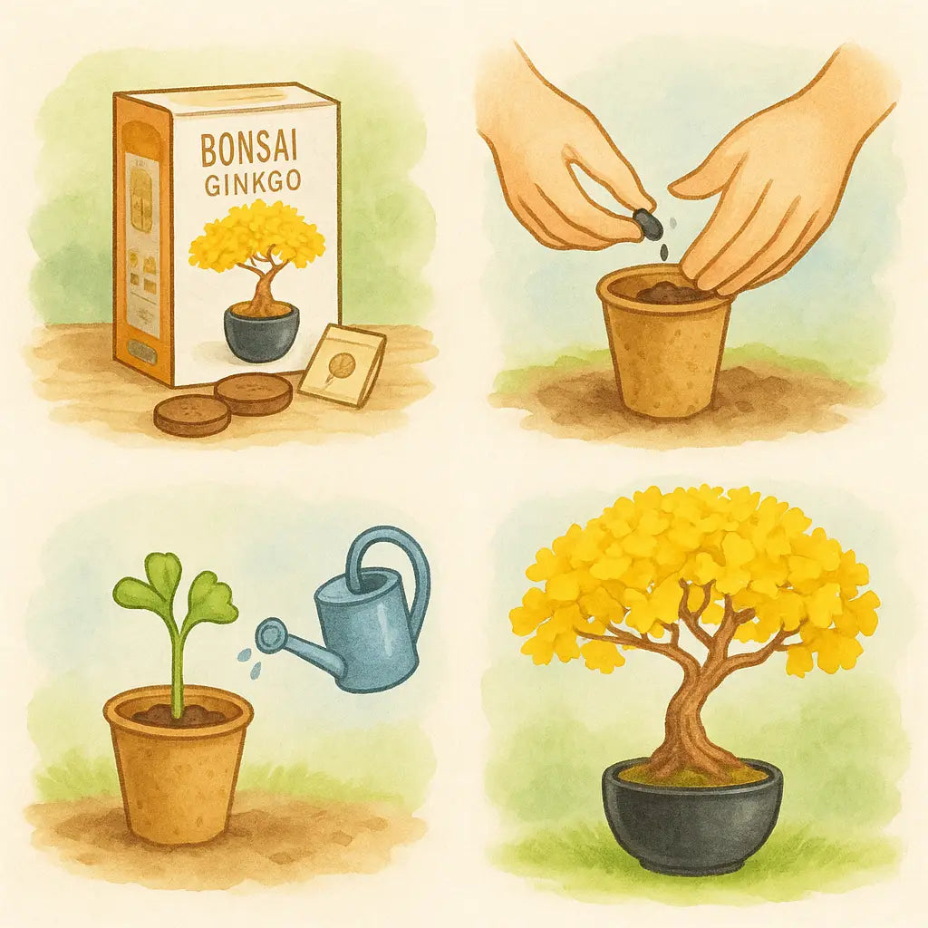 Illustration vom Bonsai Starter Set Ginkgo – Bonsai Anzuchtset für Anfänger mit Anleitung vom Samen bis zum fertigen Bonsai
