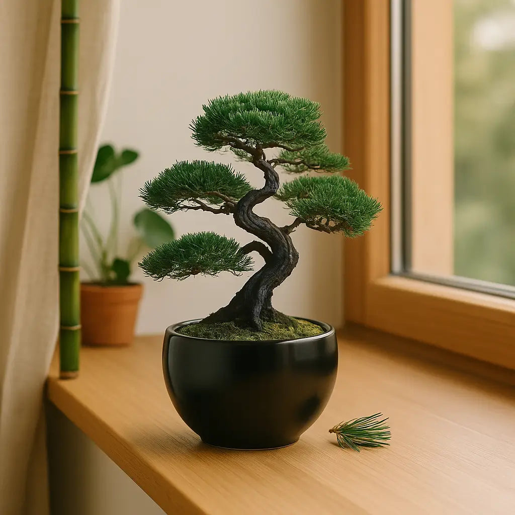 Kiefer Bonsai aus dem Wurzelbox Bonsai Züchten Set – Bonsai Starter Set für Anfänger, dekorativ im Raum platziert
