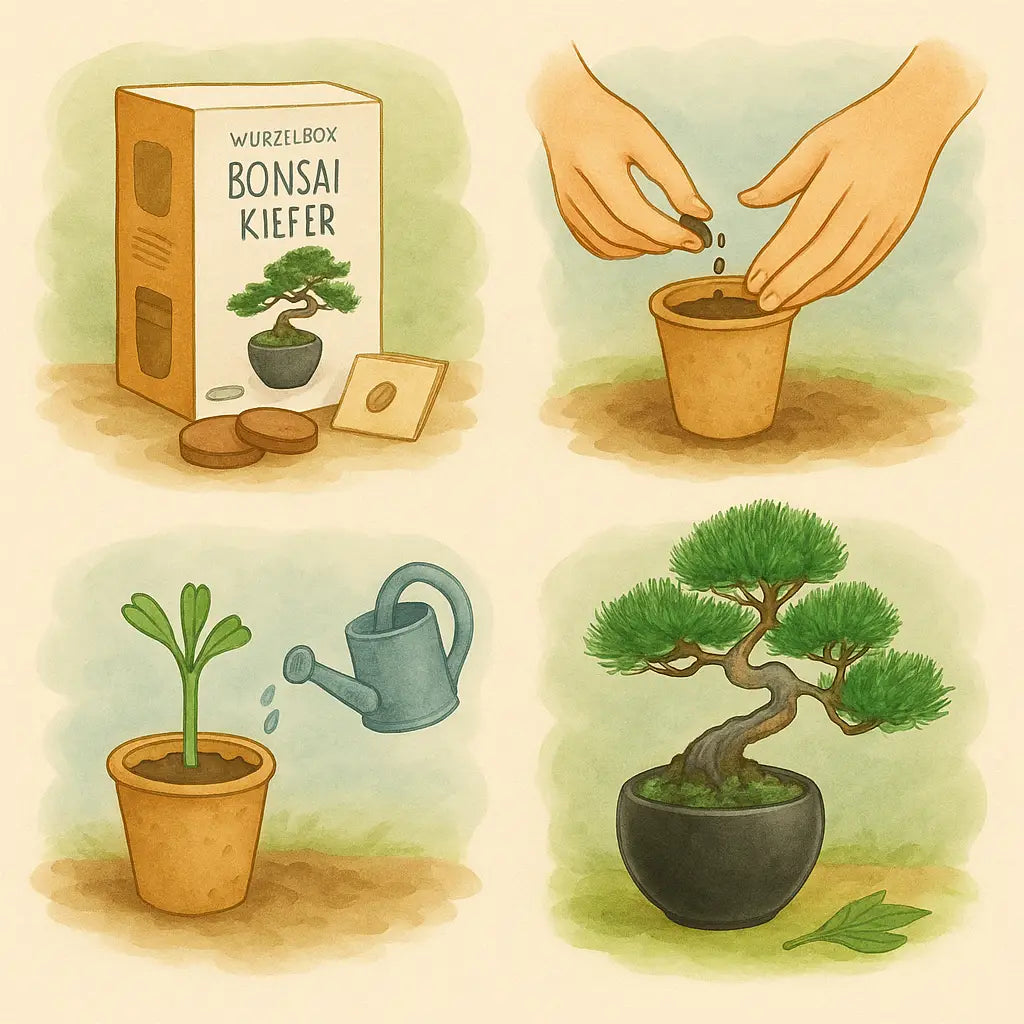 Schritt-für-Schritt Illustration vom Bonsai Züchten Set Kiefer – Bonsai Anzuchtset aus dem Starter Set für Anfänger