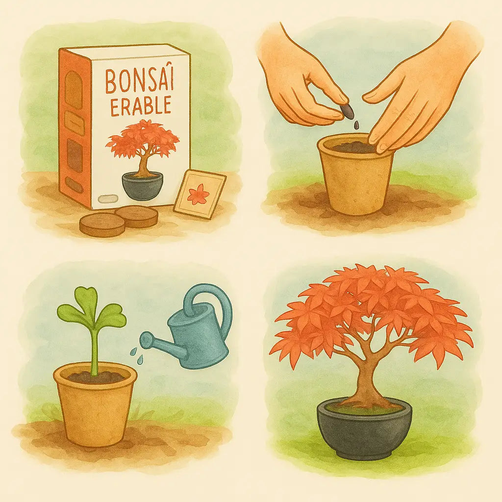 Schritt-für-Schritt Illustration vom Bonsai Starter Set Roter Ahorn – Bonsai Anzuchtset für Anfänger