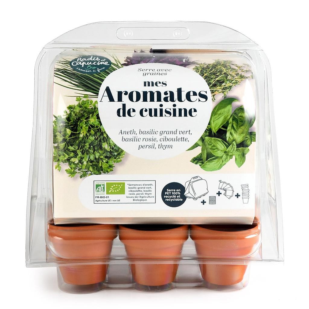 Kräutergarten-Set von Wurzelbox in transparenter Verpackung mit sechs Tontöpfen und Kräutersorten-Anzeige