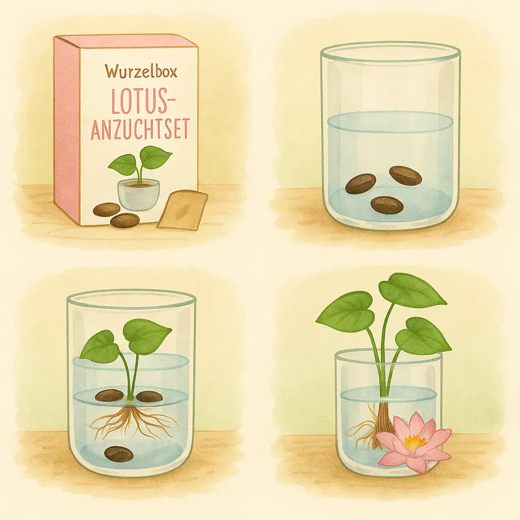 Illustration vom Lotus Anzuchtset – Schritt-für-Schritt Lotuspflege und Kultivierung im Glas von Samen bis Blüte