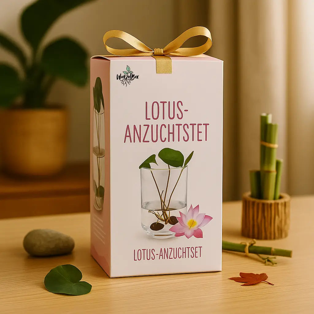 Lotus Anzuchtset von Wurzelbox mit Vase – Lotusblume im Glas als Geschenk für Pflanzenliebhaber, dekorativ verpackt
