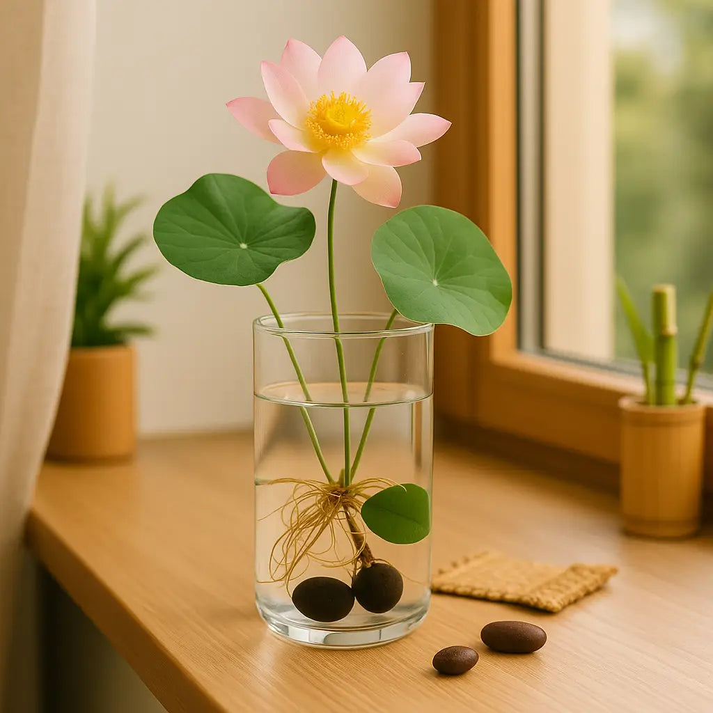 Lotusblume aus dem Wurzelbox Lotus Anzuchtset – exotische Blüte im Glas, dekorativ platziert, einfach in der Lotuspflege