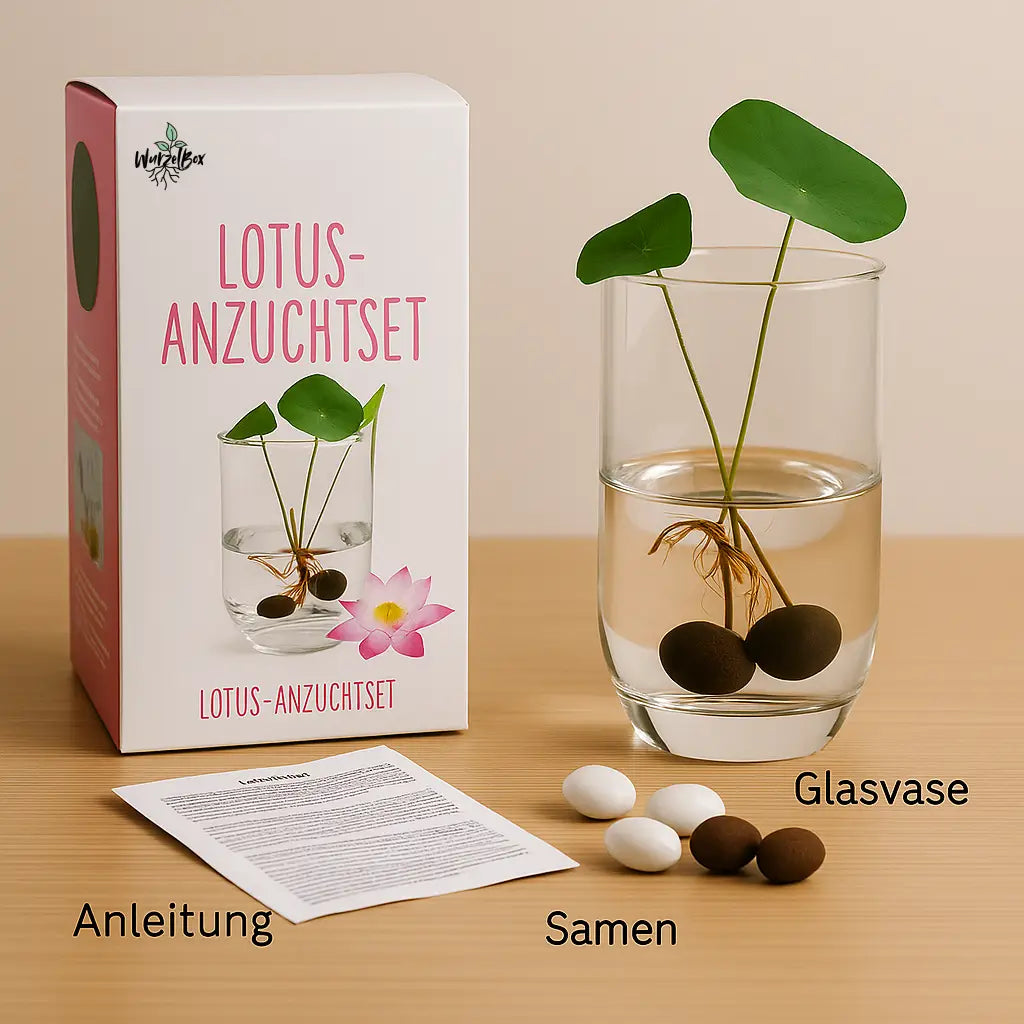 Kompletter Inhalt vom Wurzelbox Lotus Anzuchtset: Glasvase, Lotusblume Samen, Substrattabletten, Anleitung – exotische Wasserpflanze kaufen