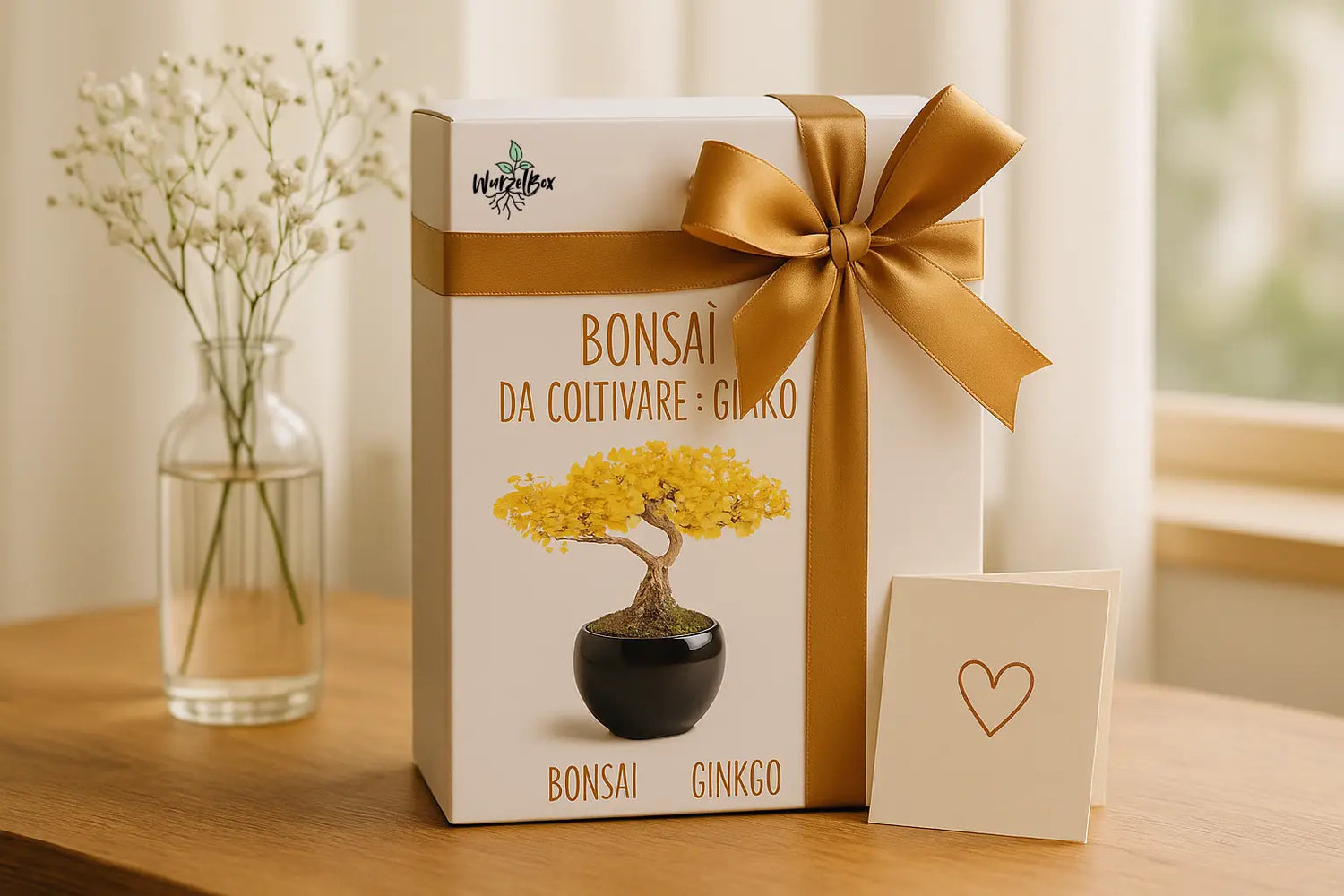 Wurzelbox Bonsai Anzuchtset Ginkgo – liebevoll als Geschenk verpackte Box mit Schleife auf Tisch, daneben Blumenstrauß und handgeschriebene Karte.