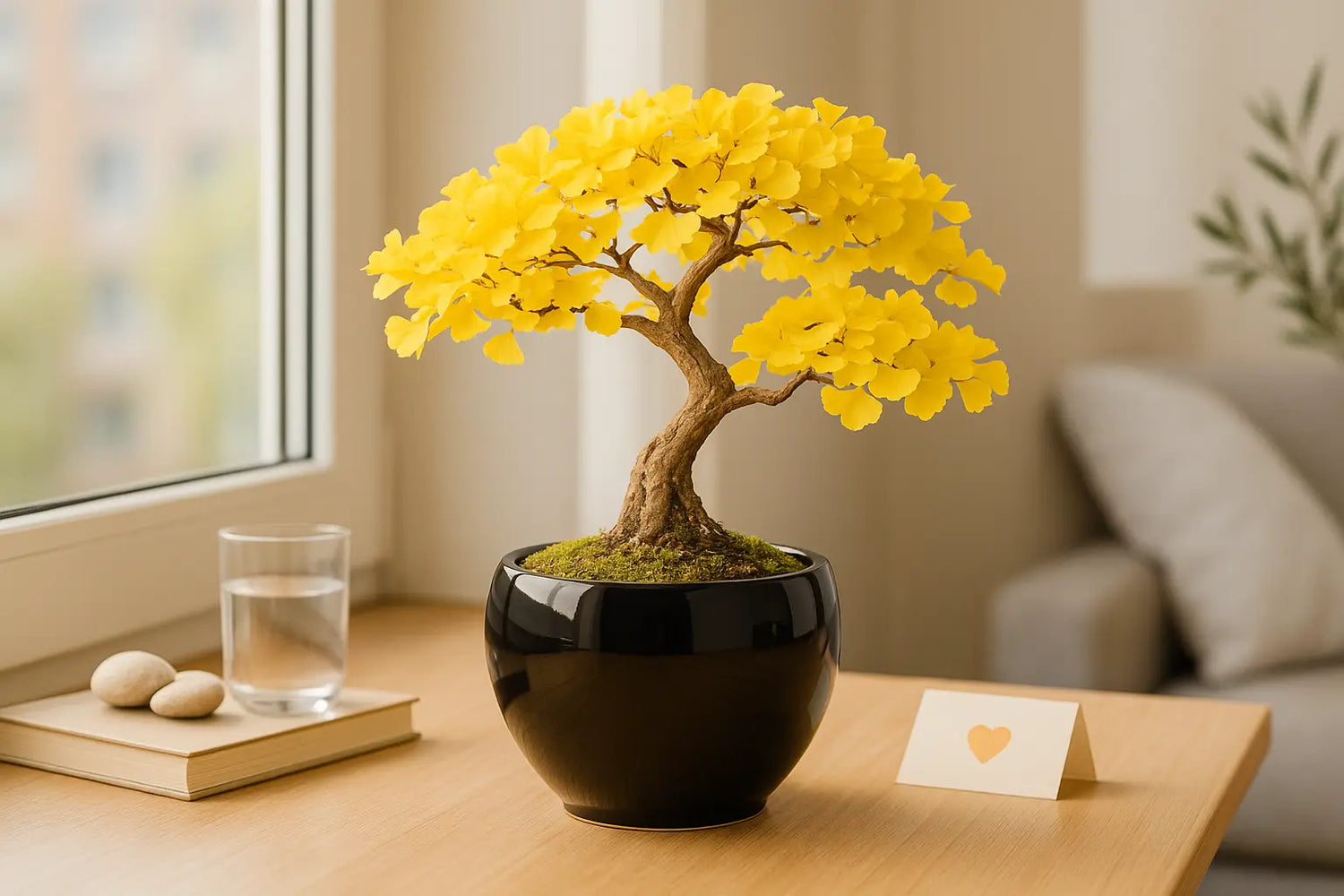 Wurzelbox Bonsai Anzuchtset Ginkgo – Glücksbaum im schwarzen Keramiktopf auf Holztisch in heller moderner Wohnung, goldgelbe Blätter im Tageslicht.