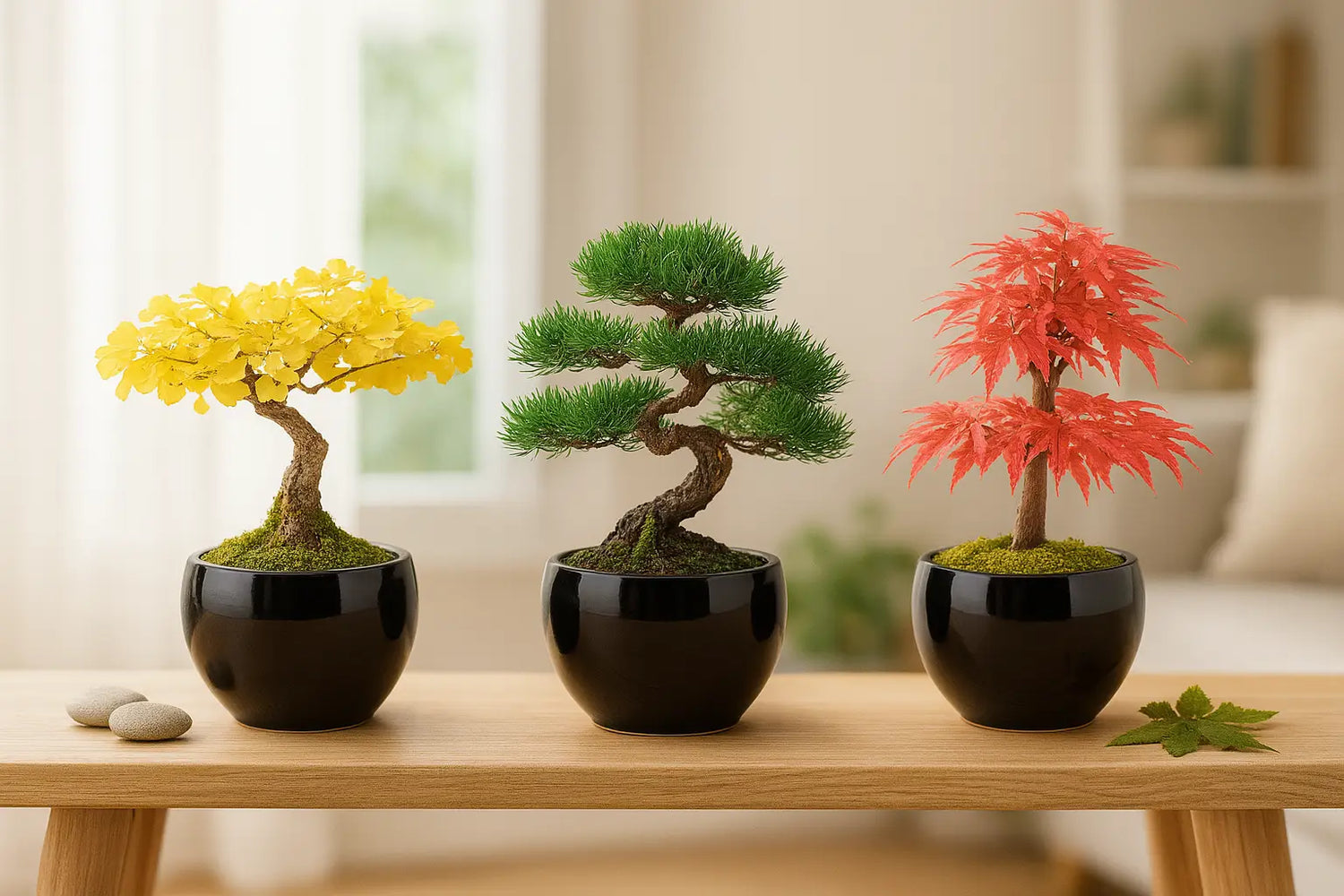 Wurzelbox Bonsai Anzuchtset – drei Bonsai Ginkgo, Kiefer und Roter Ahorn in schwarzen Keramiktöpfen auf Holzbank im Wohnambiente, harmonisch arrangiert.