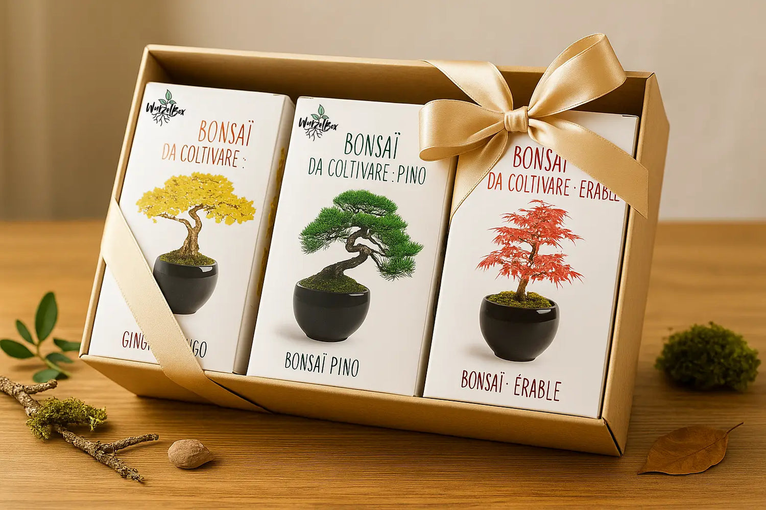 Wurzelbox Bonsai Anzuchtset Ginkgo, Kiefer und Roter Ahorn – drei Originalverpackungen als Geschenkset in Box mit goldener Schleife, dekoriert mit Naturdetails.