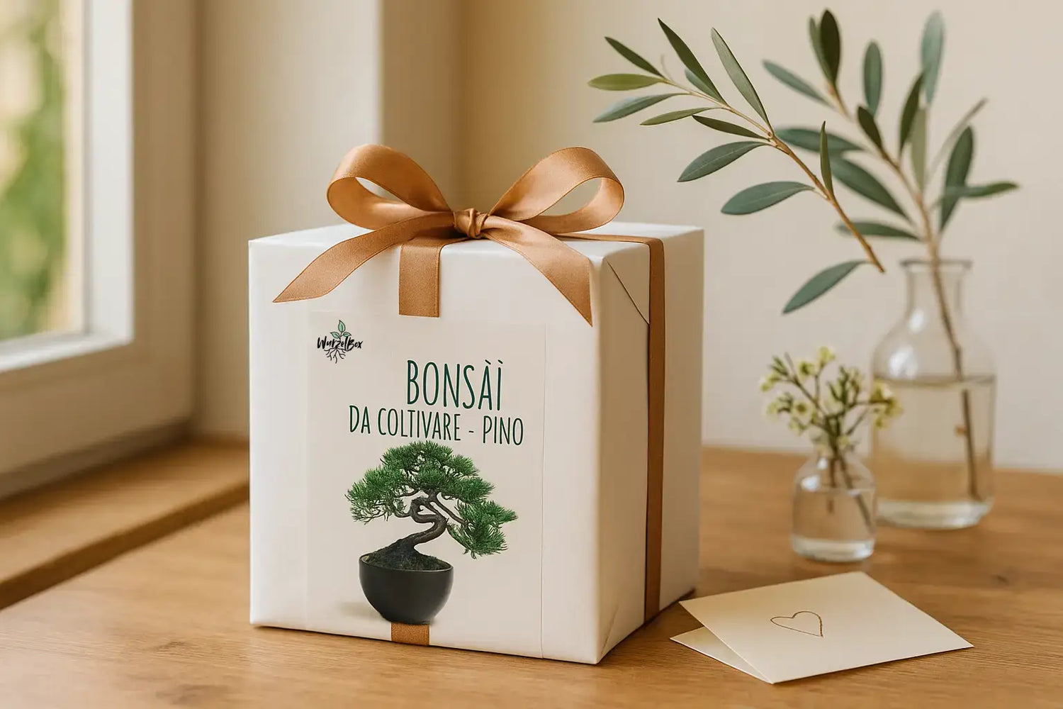 Wurzelbox Bonsai Anzuchtset Kiefer – als Geschenk verpackte Box mit edler Schleife, platziert auf Holztisch neben Olivenzweig und Karte, warmes Tageslicht.