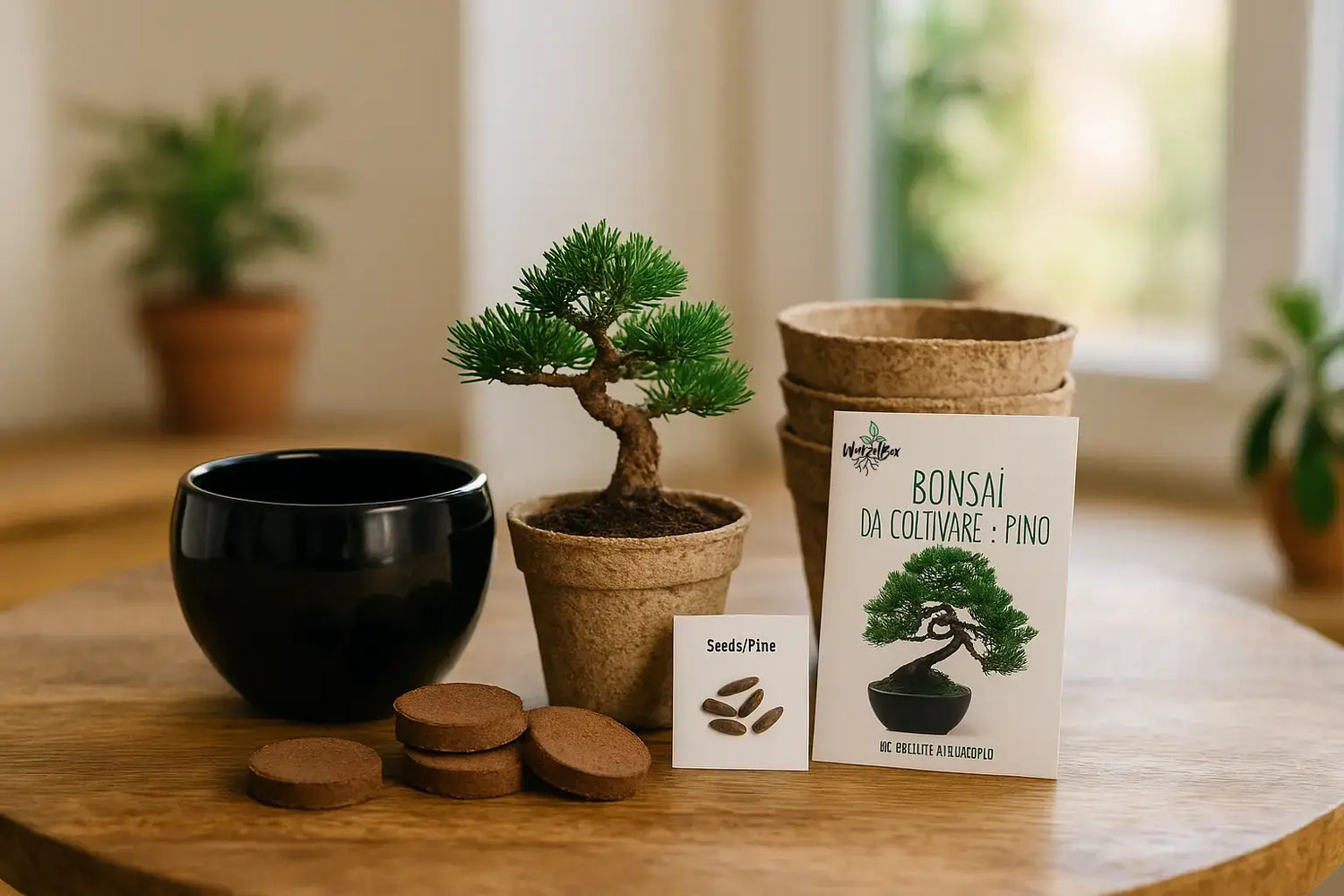 Wurzelbox Bonsai Anzuchtset Kiefer – Set-Inhalt mit schwarzem Keramiktopf, Anzuchttöpfen, Substratscheiben, Kiefernsamen und bebilderter Anleitung dekorativ auf Holztisch.