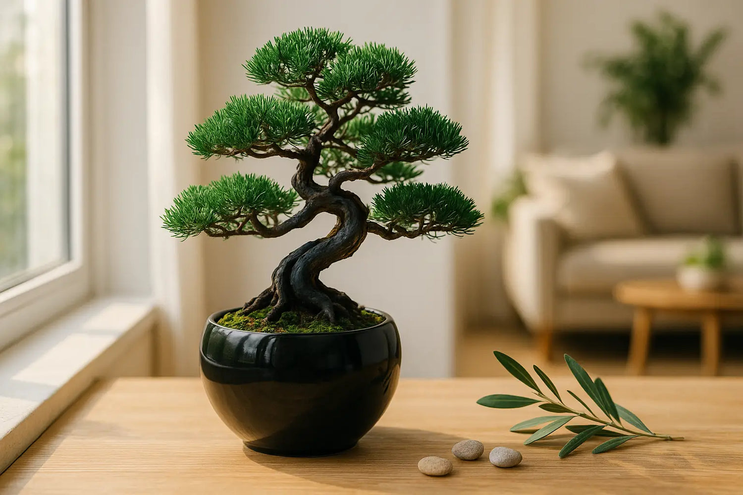 Wurzelbox Bonsai Anzuchtset Kiefer – junge mediterrane Kiefer im schwarzen Keramiktopf auf Fensterbrett mit Olivenzweig und Kieselsteinen, helle Wohnung im Hintergrund.