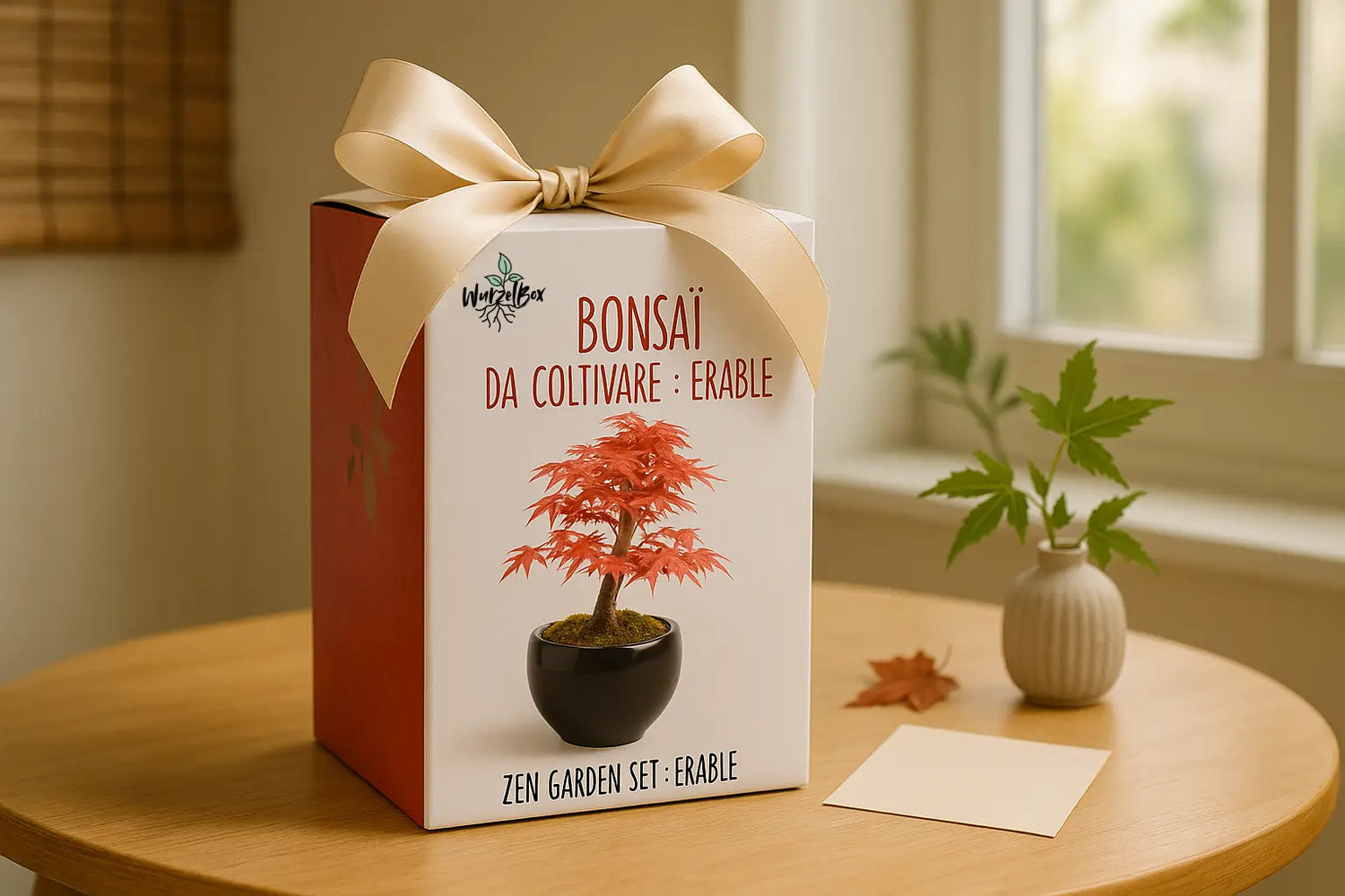Wurzelbox Bonsai Anzuchtset Roter Ahorn – als Geschenk verpackte Box mit edler Schleife, dekorativ auf Tisch mit Karte und Ahornblatt, warmes Tageslicht.