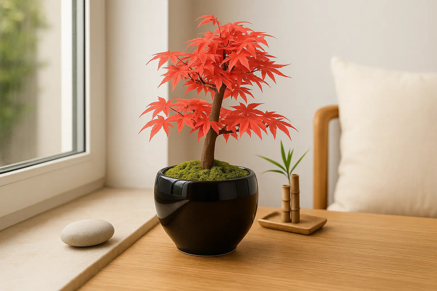 Wurzelbox Bonsai Anzuchtset Roter Ahorn – Bonsai mit leuchtend roten Blättern im schwarzen Keramiktopf auf Fensterbrett, japanisch inspiriertes Ambiente.
