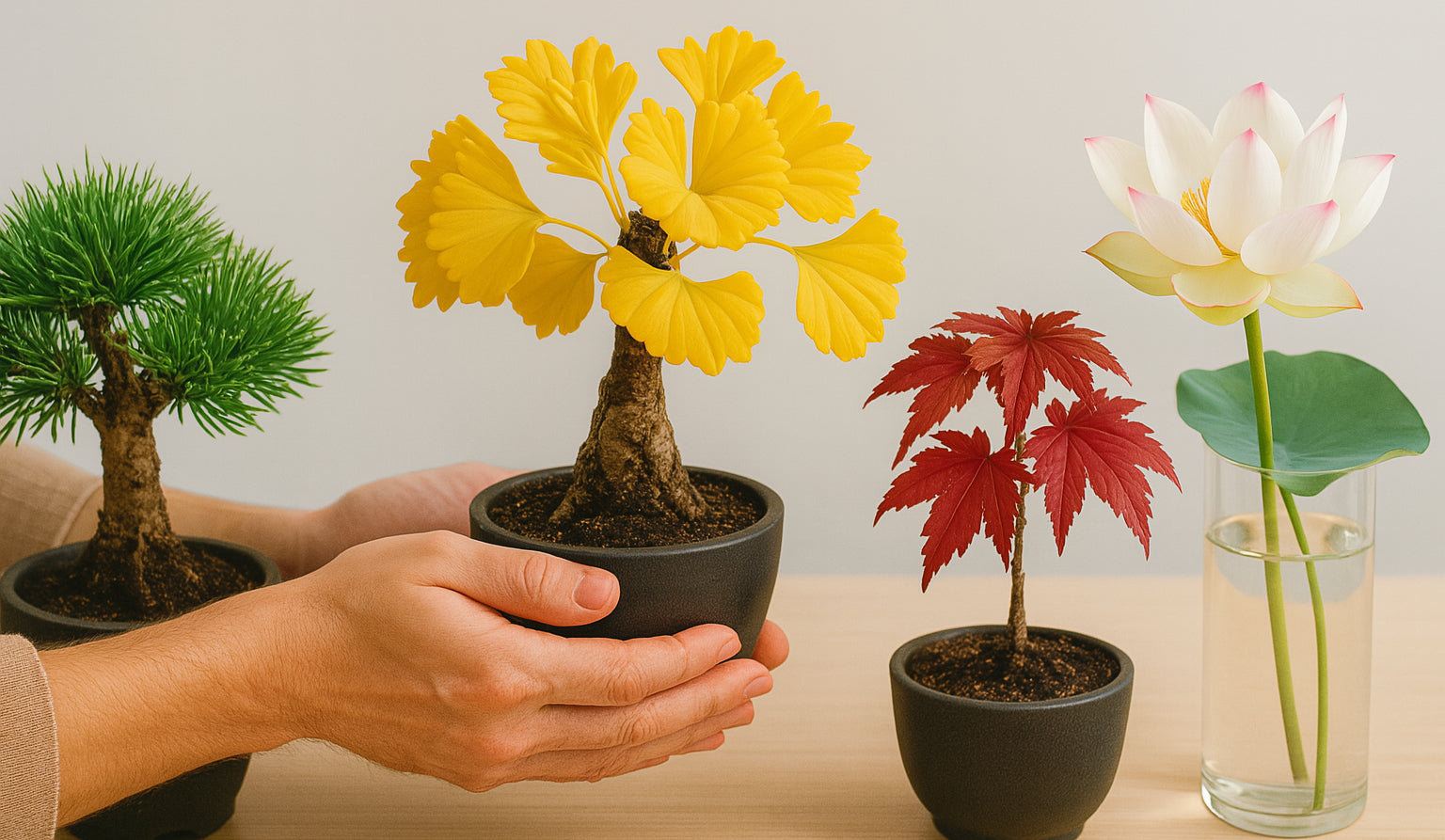 Bonsai- und Lotus-Anzuchtsets von Wurzelbox im 2:1 Headerformat – gelber Ginkgo-Bonsai in Händen, Kiefer-Bonsai, roter Ahorn-Bonsai und Lotusblume in Glasvase auf hellem Holztisch.