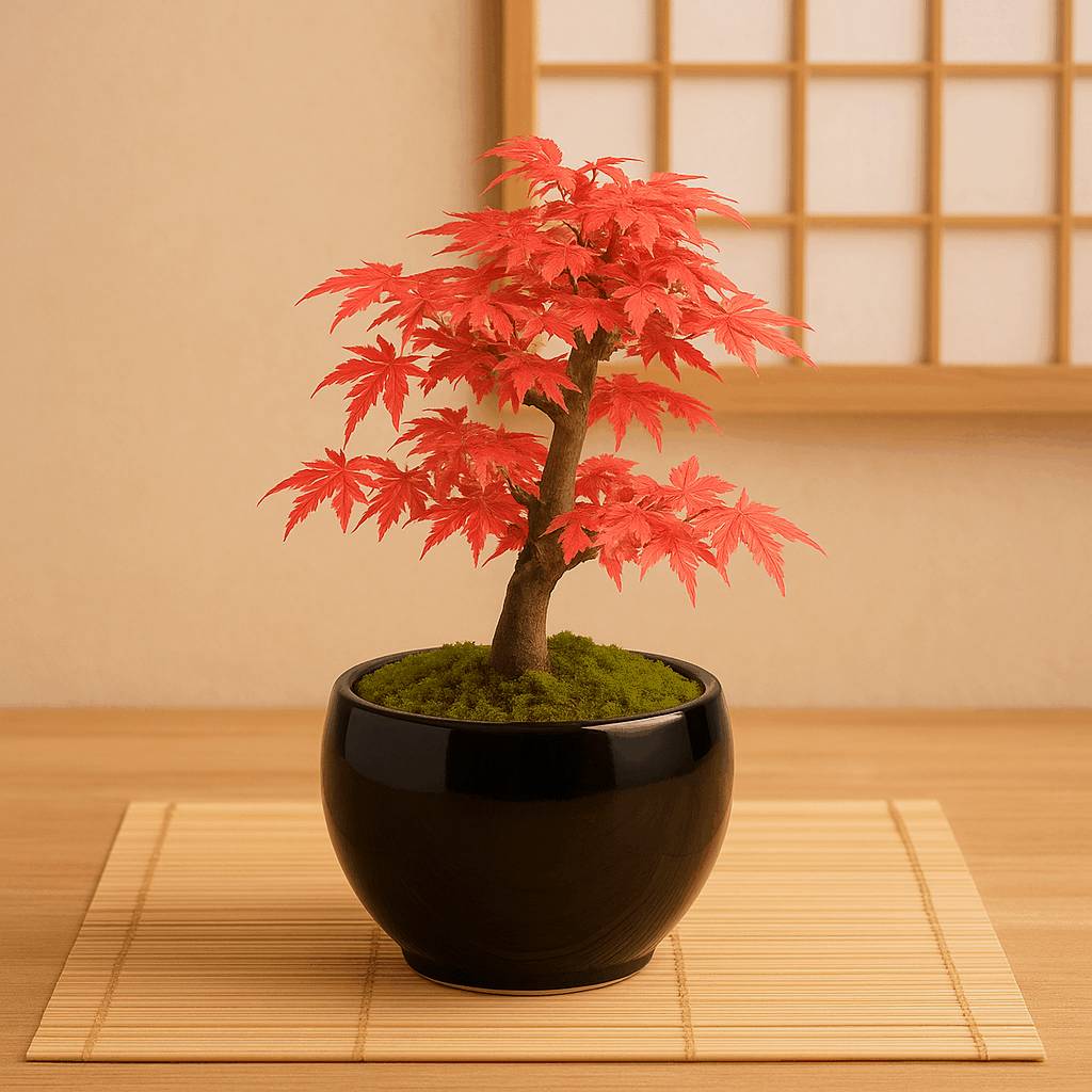 Japanischer Ahorn Bonsai im schwarzen Keramiktopf auf Bambusmatte vor Shoji-Wand – dekorativer Miniaturbaum von Wurzelbox mit roten Blättern als stilvolle Zimmerpflanze oder Geschenkidee