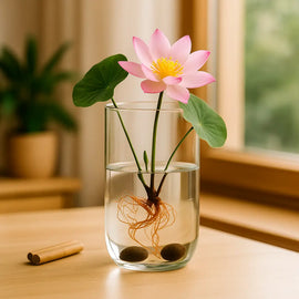 Lotus Anzuchtset mit Vase von Wurzelbox – Lotusblume im Glas ziehen, exotische Wasserblüte, ideales Geschenk für Pflanzenliebhaber