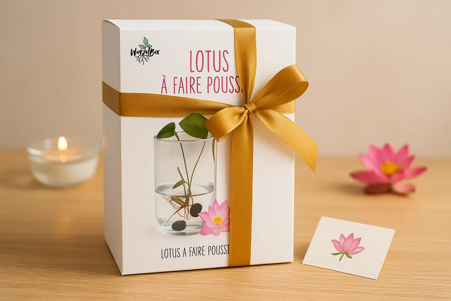 Wurzelbox Lotus Anzuchtset mit Vase – als Geschenk verpackte Box mit goldener Schleife, dekorative Lotusblüte und Grußkarte, warmes Tageslicht.