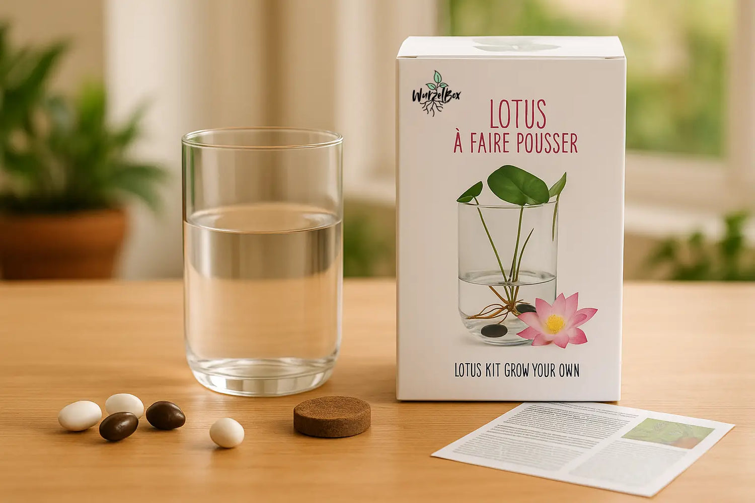 Wurzelbox Lotus Anzuchtset mit Vase – Set-Inhalt mit Glasvase, Lotus-Samen, Substratscheiben und Anleitung auf Holztisch, warmes Tageslicht, hochwertige Präsentation.