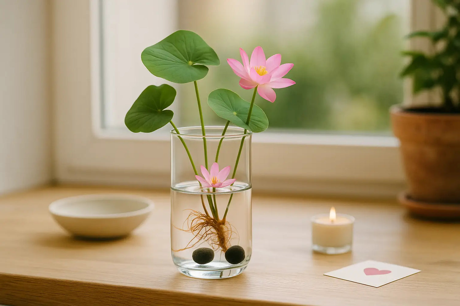 Wurzelbox Lotus Anzuchtset mit Vase – Lotusblume mit rosa Blüte und grünen Blättern in Glasvase auf Fensterbrett, sanftes Tageslicht, ruhige Wohnumgebung.